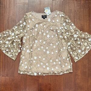 Evening by ECI Beige Floral Embroidered Lace Blouse, Bell Sleeves, Size Med, NWT